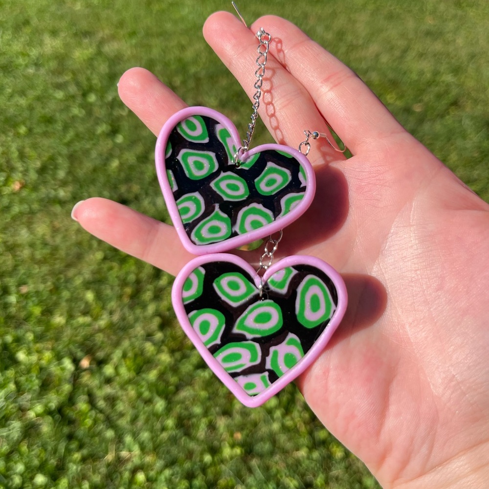 Handmade Psychedelic Polymer Clay Heart Statement Earrings